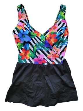 NWT Inches Away Longitute Skirted One Piece Swimsuit Floral Striped Slimming 14